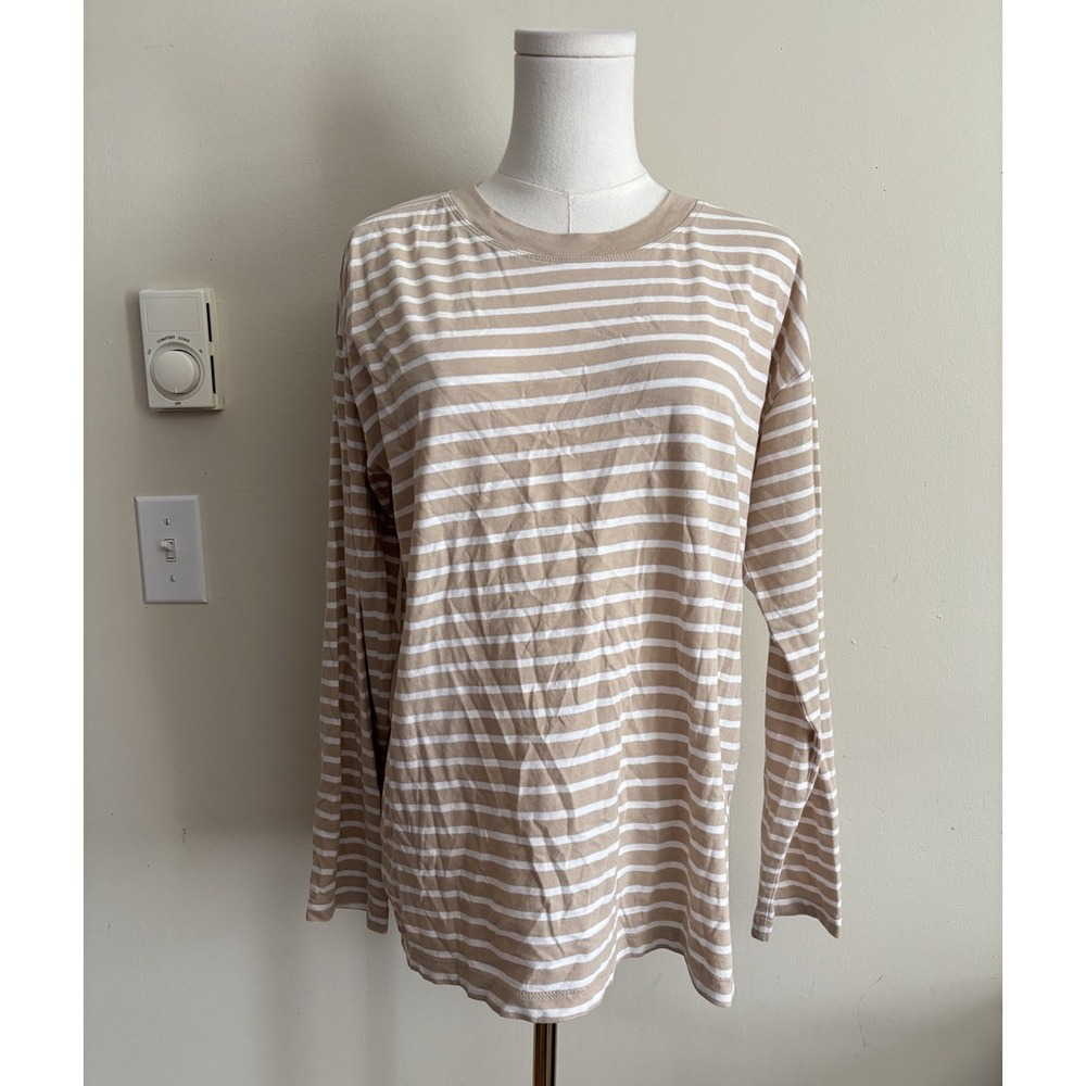 J Crew Womens Medium Long Sleeve Top Striped Tan White Cotton Neutral Casual